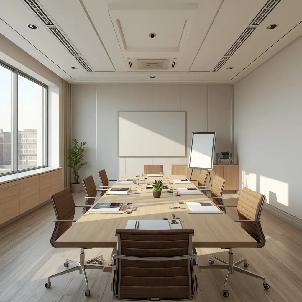 Salle de réunion moderne avec une grande table en bois, chaises marron, tableau blanc et une grande fenêtre lumineuse.