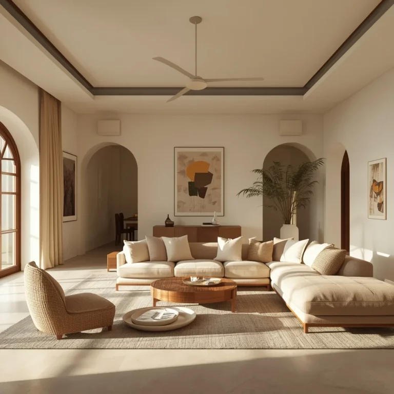 Un salon moderne et lumineux avec un grand canapé d'angle beige, un fauteuil, une table basse en bois et une œuvre d'art abstraite au mur.