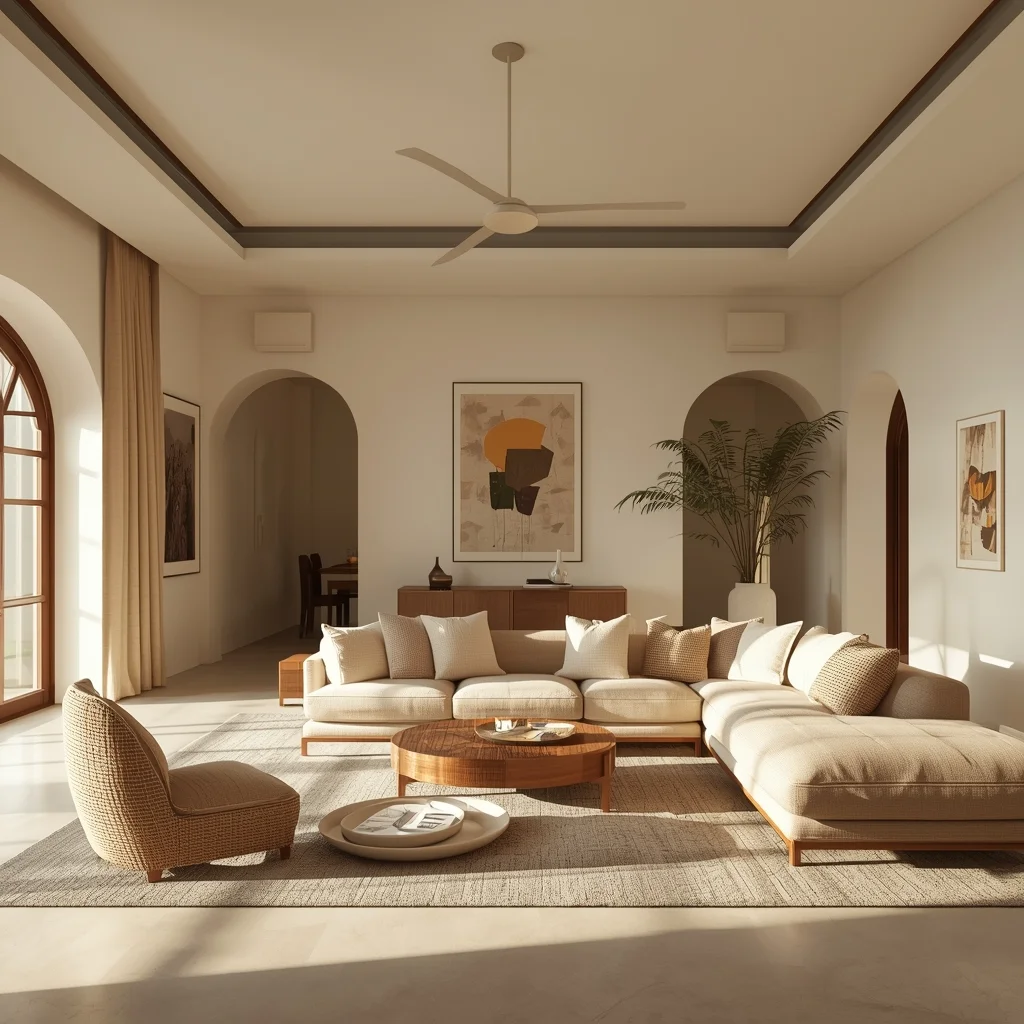 Un salon moderne et lumineux avec un grand canapé d'angle beige, un fauteuil, une table basse en bois et une œuvre d'art abstraite au mur.