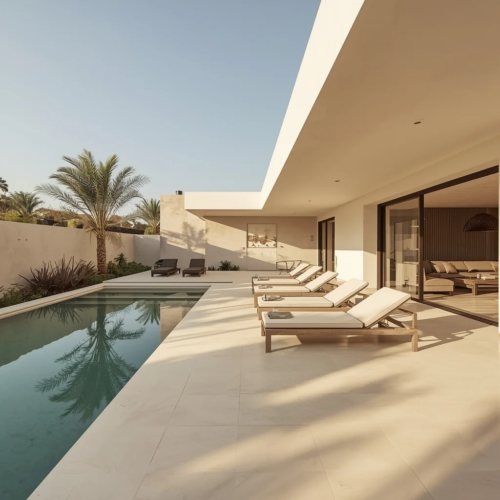 Terrasse luxueuse avec piscine et chaises longues, architecture moderne et palmiers sous un ciel bleu.
